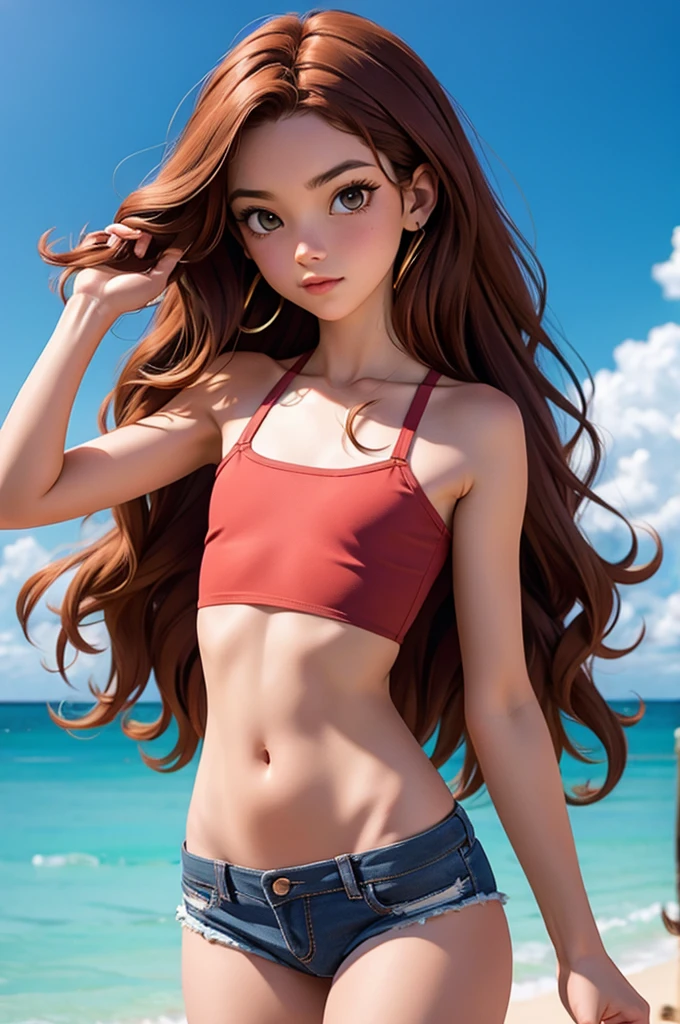 (best quality), 1girl, female, honey toned skin, chestnut hair, long hair, slightly wavy hair, brown eyes, perfect eyes, freckles, red clothes, , slender, small bust, smile, masterpiece, anatomically correct, highres