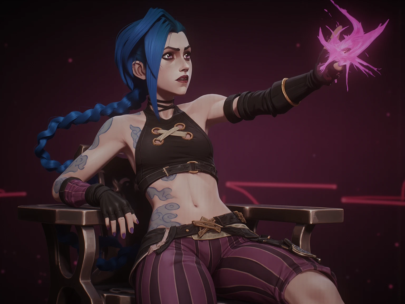 jinx style arcane ,pose sexy nu ,sans pantalon ,écart les jambes, mini short, touche sa chatte, sur le dos,