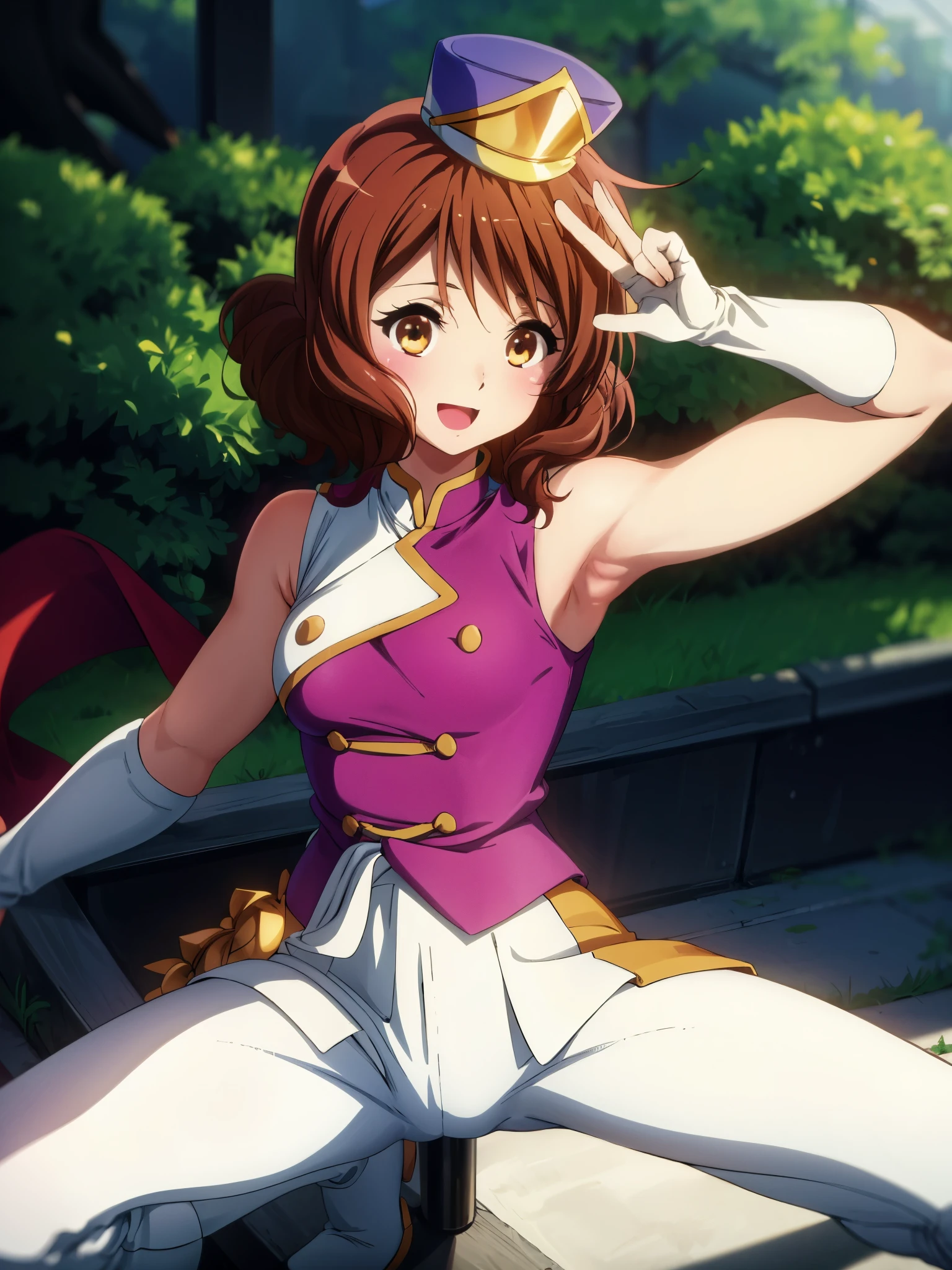 ( highest image quality taken by Ki , 8k, High Quality , Detailed hair,Masterpiece:1.2)、Kuchiki Kuna 、sun festival, mini shako cap, uniform,Eye Enhancement、 face light 、Sparkling Eyes、Alone、 1 girl、View your viewers、sketch、 flat color、、Anime、Animeカラーリング、garden、smile、 Random Poses、( blur background :1.3)、 upper body、Cover the subject completely, (perfect hand, perfect anatomy), big smile when looking back、Accurate Fingers数量、 spread your legs、Accurate Fingers, (perfect hand, perfect anatomy),Smiling towards you、Funny Face、funny face,Zany、 big smile when looking back、Accurate Fingers数量、 spread your legs、Accurate Fingers, (perfect hand, perfect anatomy),Smiling towards you、Zany顔で、Kumiko Oumae、Show me your pants、