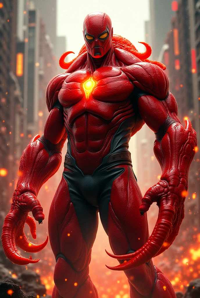 megan fox as a vampiric muscular red carnage, (mouth wide open with tongue out:1.25), (red carnage anatomic muscular bio-mecha muscle suit:1.25), (body totally covered in muscles, veins, tendons), (perfect muscular anatomy),