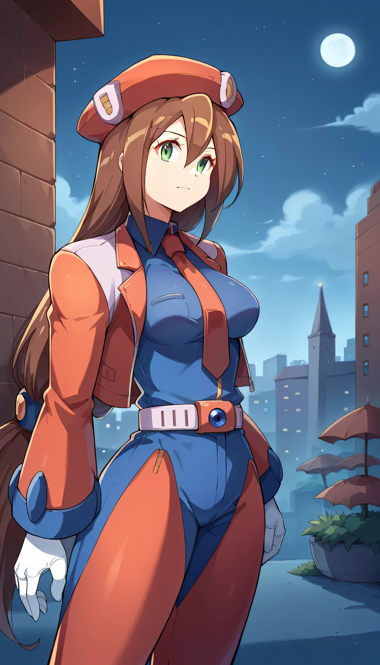 1girls, solo,female_focus, necktie, formal, gloves, suit, , adjusting_clothes, belt, hand_in_pocket, shirt, , , jacket, pants, long_sleeves,, Windows, Building ,moon, night ,large breast,iris \(mega man\)
1girl, long hair, brown hair, hat, green eyes, breasts, , hair between eyes,red headwear