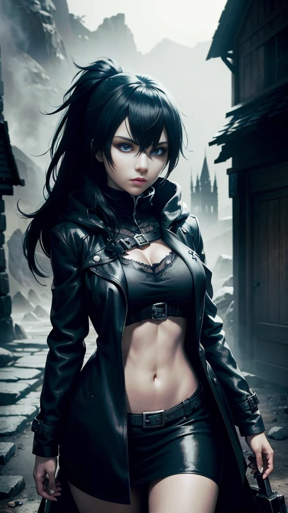1girl, woman, emo_hairstyle, black lipstick, dog collar, eyeliner, eye shadow, smoky eyes, realistic lighting, short hair, smug, punk, smirk, fantasy clothes, skirt, tight fantasy dress, high danrasy. anime sultry look, seductive,