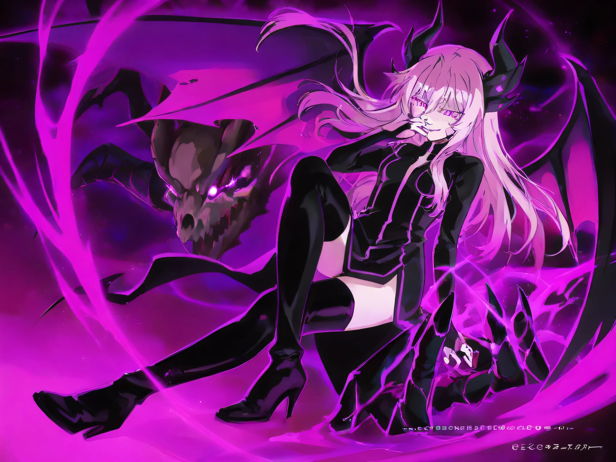 mature adult anime dragon girl covered in blood with glowing pink eyes, dragon bat wings, dragon horns, pink hair, and a black elastic dress with white bat designs, and long black knee-high heel boots holding a skull in her hand laughing maniacally at a low perspective angle looking down at the camera.