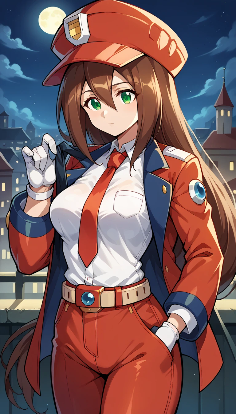 1girls, solo,female_focus, necktie, formal, gloves, suit, , adjusting_clothes, belt, hand_in_pocket, shirt, , , jacket, pants, long_sleeves,, Windows, Building ,moon, night ,large breast,iris \(mega man\)
1girl, long hair, brown hair, hat, green eyes, breasts, , hair between eyes,red headwear