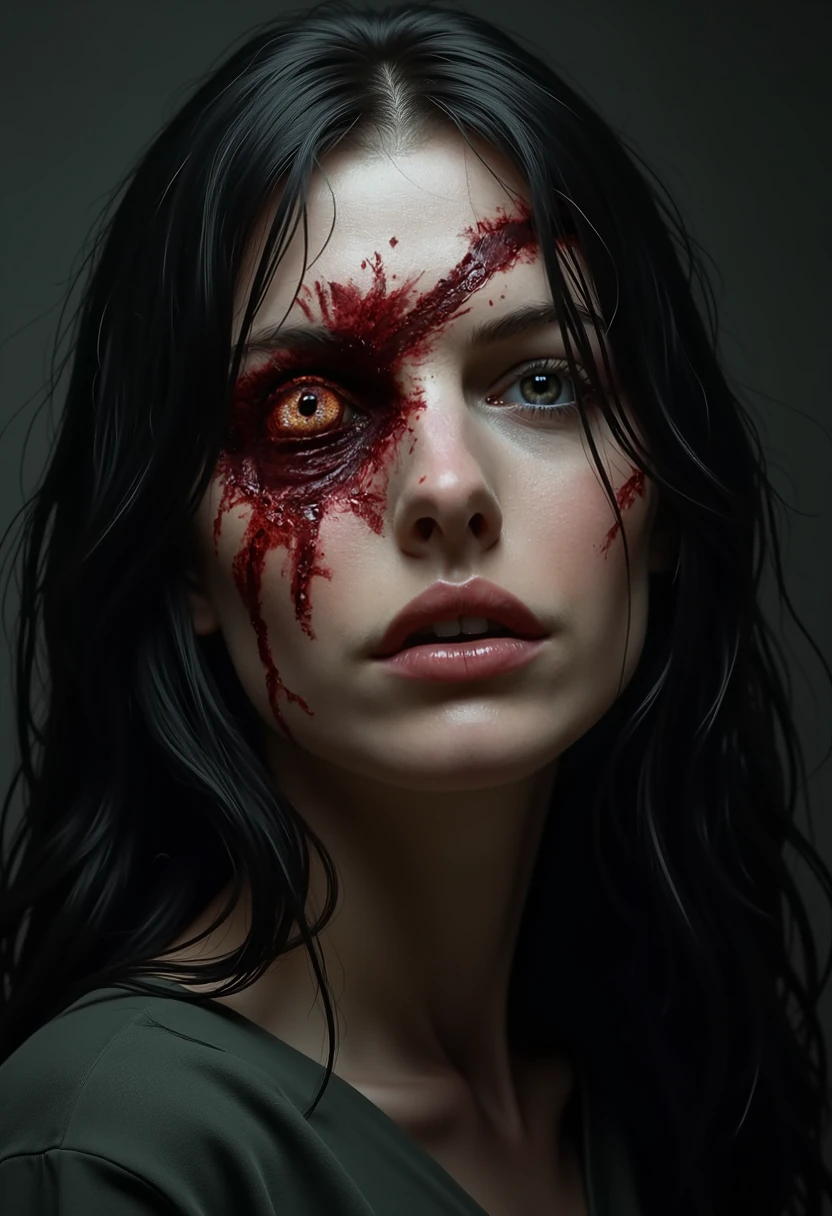 a close up of a person with a bloody face and long hair, hauntingly beautiful zombie, zombie with white eyes, beautiful zombie, zombie face, evil zombie, evil dead face, portrait of a zombie, scary look, undead facial features, zombie, zombie's, zombified, zombie in horror concept art, scary face, horrifying grin. horror a close up of a person with a bloody face and long hair, hauntingly beautiful zombie, zombie with white eyes, beautiful zombie, zombie face, evil zombie, evil dead face, portrait of a zombie, scary look, undead facial features, zombie, zombie's, zombified, zombie in horror concept art, scary face, horrifying grin. horror