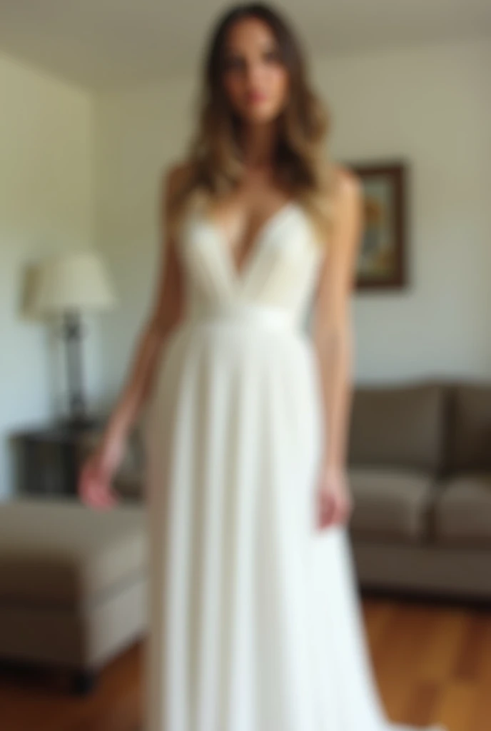 tween , (young girl) wearing a ((deep v neck Wedding dress)), and a diamond necklace, standing in a dining room  wearing heels, (full body view),