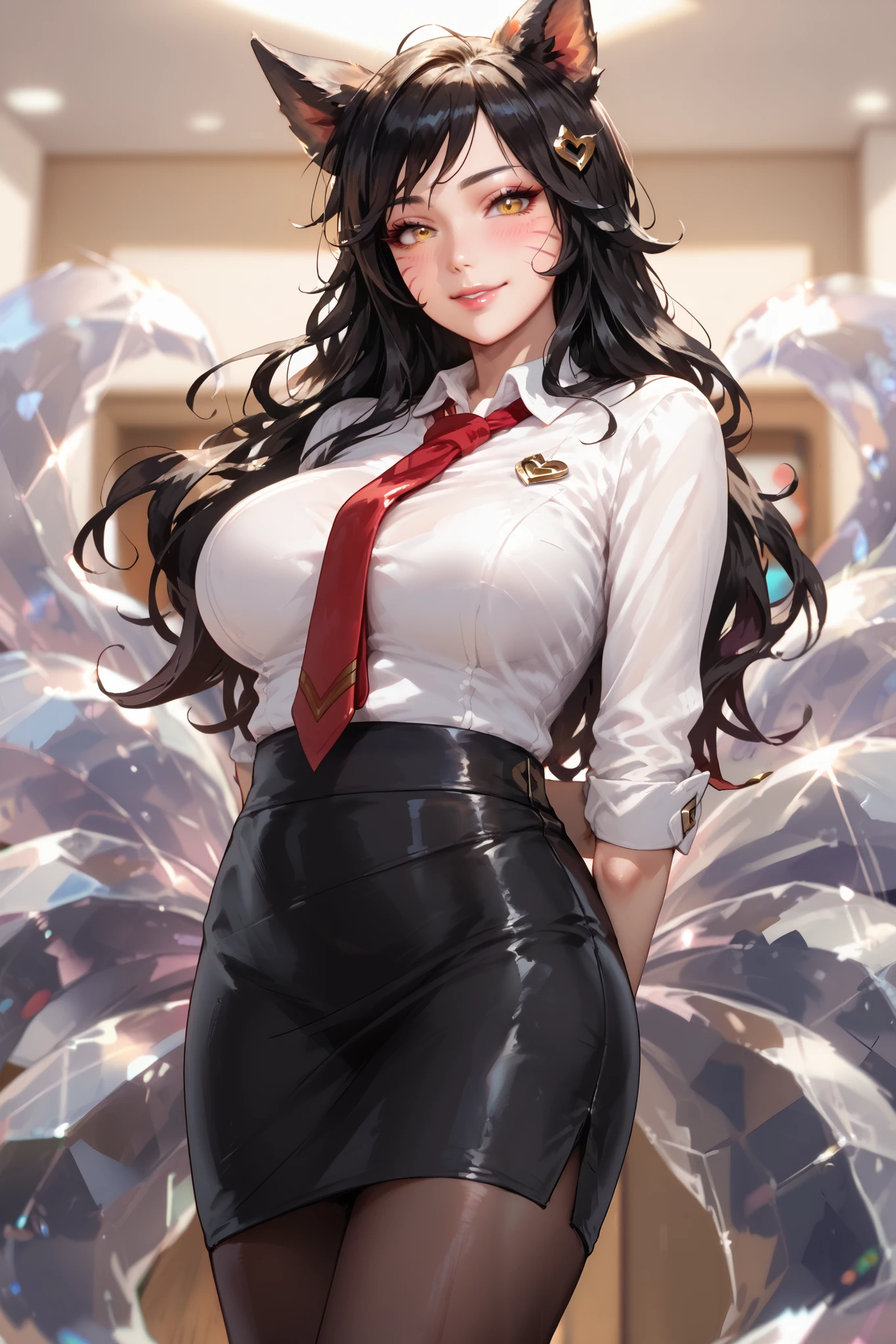 masterpiece, best quality, ultra-detailed, illustration, colorful, flat color, depth of field, 1girl, ahri, anime, standing, black hair, messy hair, yellow eyes, fox ears, looking at viewer, simple background, facial mark, hands behind back, white shirt, red necktie, black pencil skirt, black pantyhose, teacher, detailed skin texture, detailed cloth texture, beautiful detailed face, huge breasts, blush, seductive smile, makeup