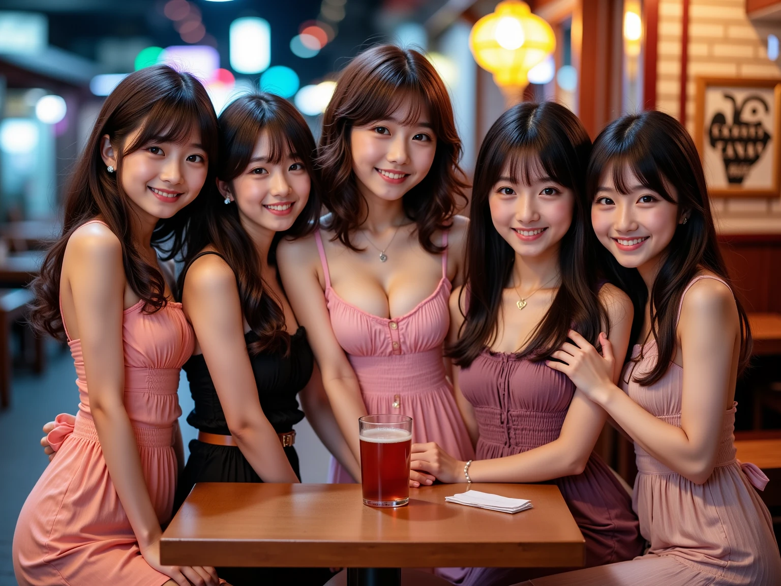 (masterpiece:1.2, top quality ,real photo),ars old , japanese ,5girls,break,(not nsfw,gal ,,various desighned one piece dress,calm desighned clothing:1.6),break,(tavern,beer:),break,(night,busy street,hide nipples:1.3),break,(big smile:1.),break,(  pose,petie,, fancy earrings, necklace ,, small chest :1.1),(short height, Very Slim Body,pale skin,soft skin :1.2),break, black hair,long hair,(Beautiful and cute eyes),Blushed,  healthy skin, ,break,( Watch Viewers :1.3),,8k resolution,,break,(perfectly focused :1.3),,(, colorful ,:1),,( depth of field ),Bokeh,A small bikini with a ,Luminous and  colorful  lighting setup for model photography,lens flare,, cinematic lighting,   ray tracing 、