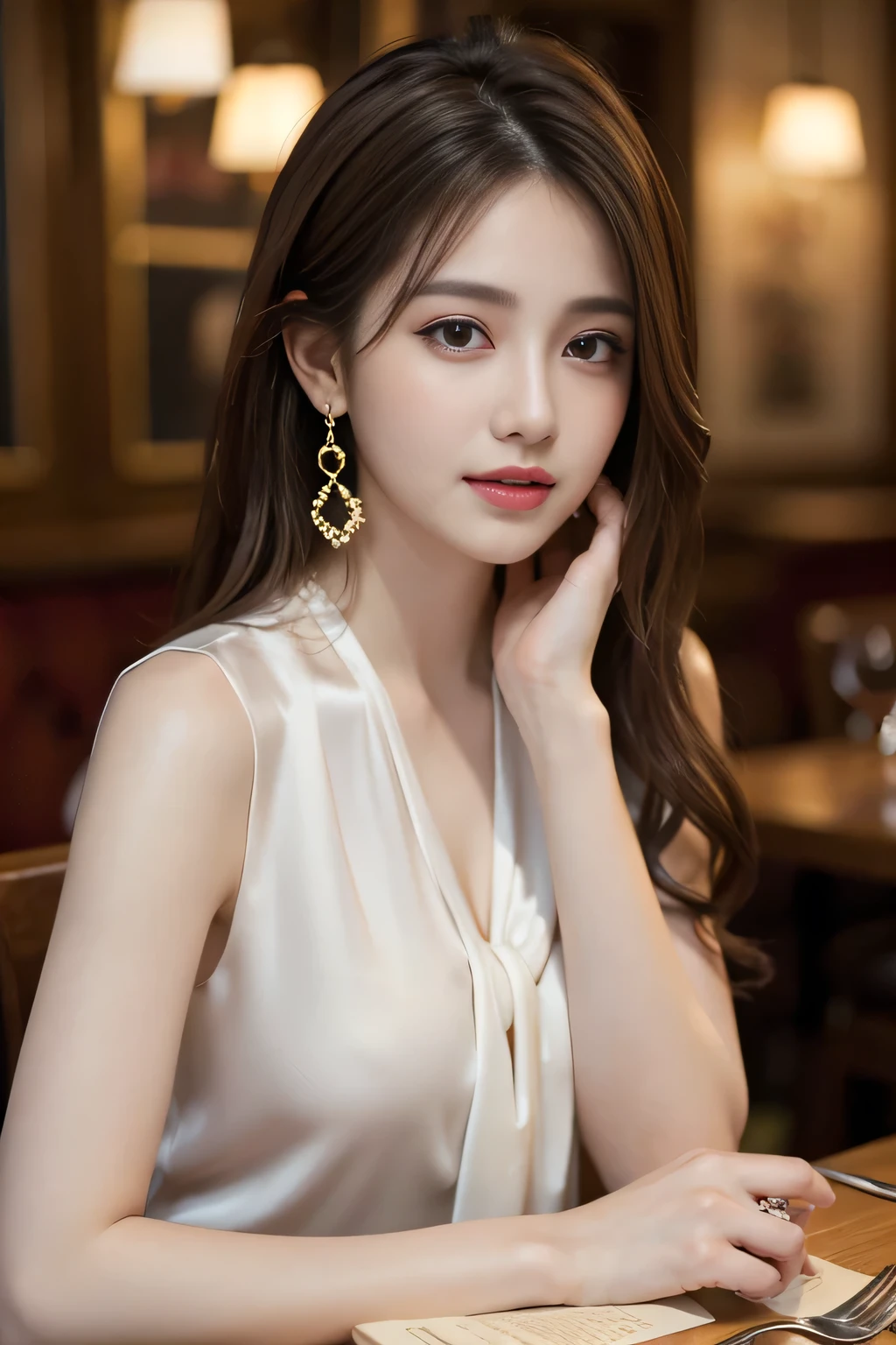 masterpiece, Highest quality, Realistic, Very detailed, Finer details, High resolution, 8k wallpaper, One beautiful woman, Wear a pretty colored silk shirt, In a great restaurant, At night, Light brown messy hair, Perfect dynamic composition, Beautiful and beautiful eyes、Big earrings、chest、Sleeveless shirt、