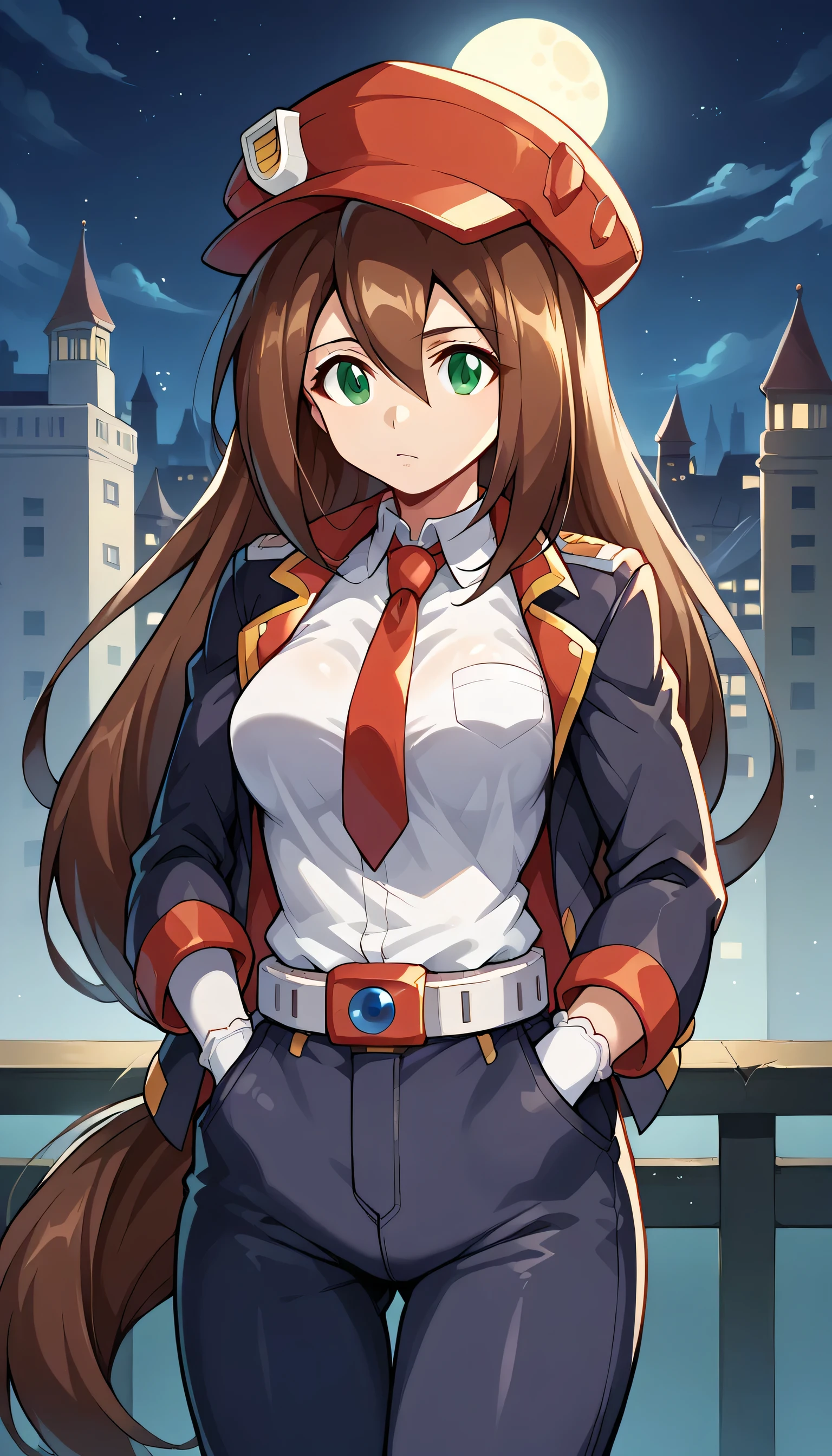 1girls, solo,female_focus, necktie, formal, gloves, suit, , adjusting_clothes, belt, hand_in_pocket, shirt, , , jacket, pants, long_sleeves,, Windows, Building ,moon, night ,large breast,iris \(mega man\)
1girl, long hair, brown hair, hat, green eyes, breasts, , hair between eyes,red headwear