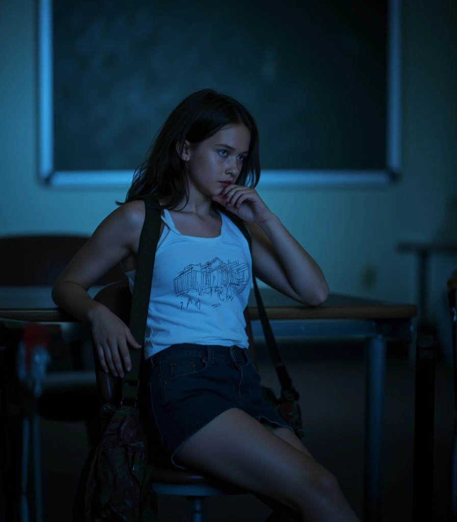 ((school uniform)), white tank top, ((tight clothes)), low mini skirt, navel, midriff, (school), ((((school girl)))), sitting, classroom, ((((night)))), dim lit, cinematic, 4k, 