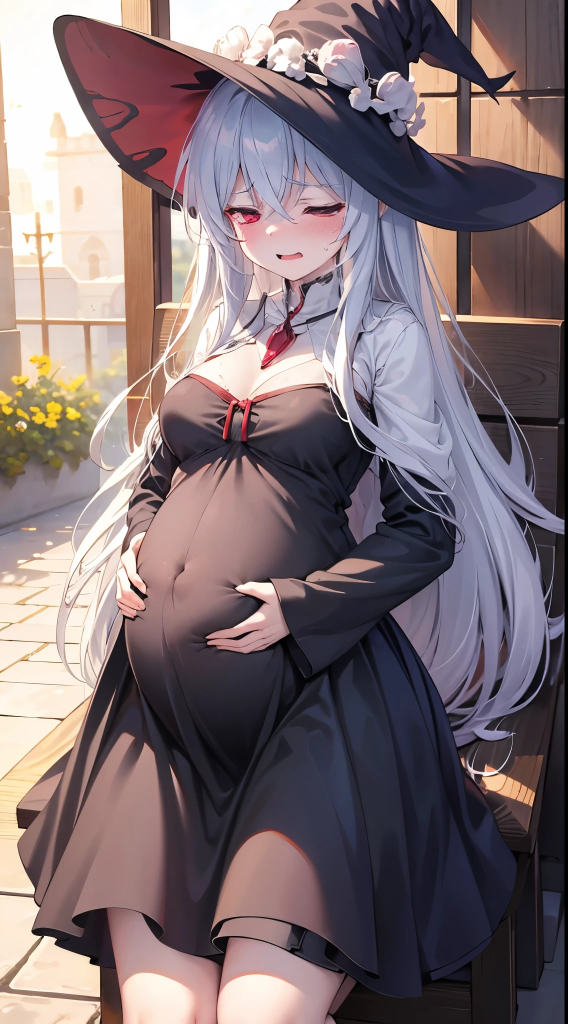 the witch，Hell scenes，Dark wind, black skirt, pregnant, red eyes, sit on crown, Embarrassed expression, Pregnant contractions, painful expression, winced in pain, open mouth, heavy breathing, smooth belly pregnant, birth pain, Closed Eyes, 