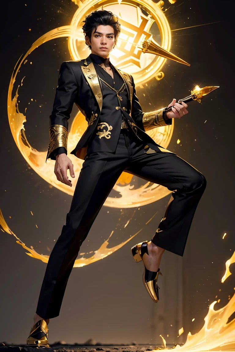 A lean, athletic man with light-tan skin, short black hair, and sharp, determined eyes. He stands approximately 5'10" tall and exudes a mix of confidence and humility. (He wears a modern adventurer's suit with Wukong motifs subtly woven into the design), (((suit and trousers featuring black with gold accents))). A mystical golden aura sometimes emanates from him when using his unique ability, the 'Blessing of the Monkey King.' He carries a staff, symbolizing his connection to Wukong's power.
