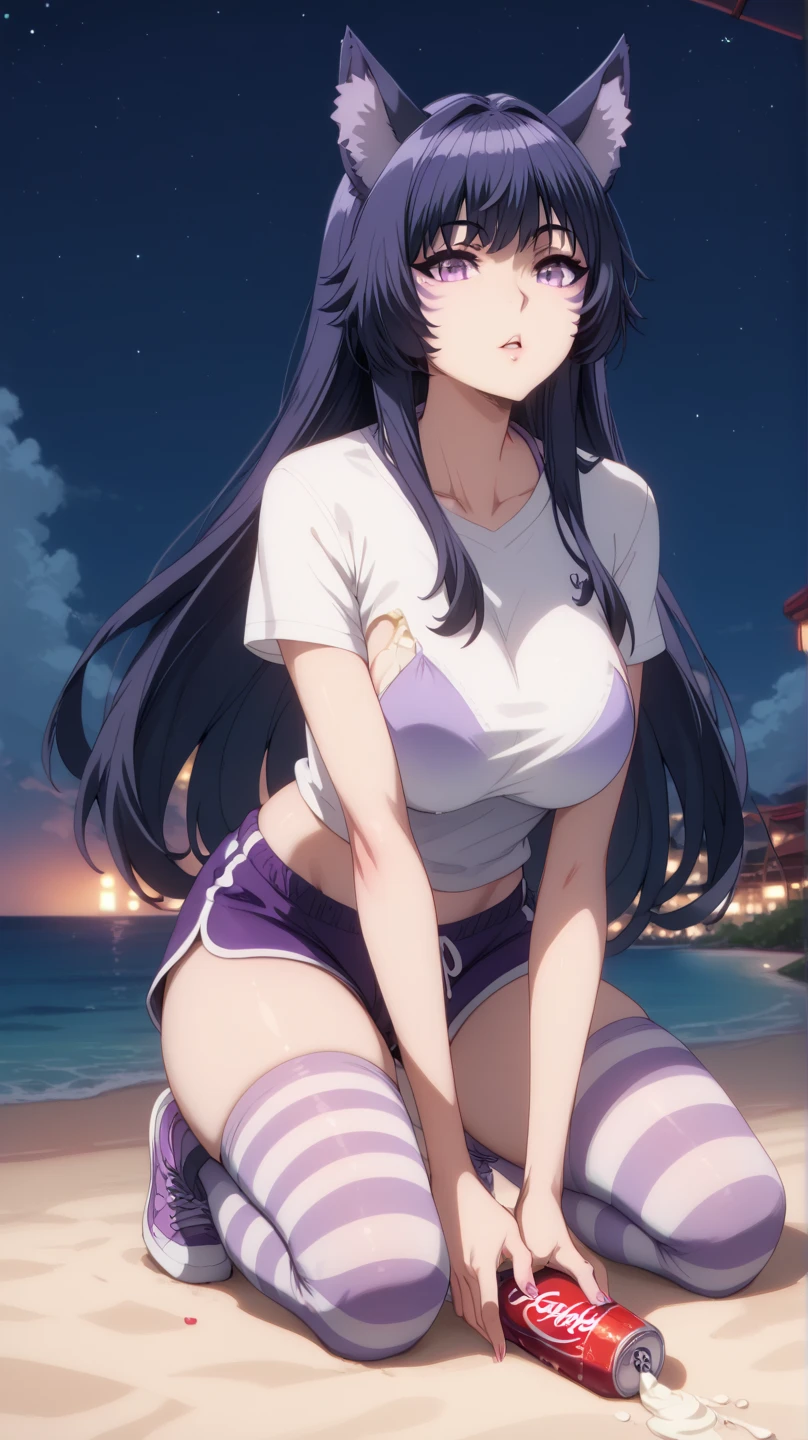 From the eminense of shadow Sexy Delta, Awesome 1girl  , Alone, dolphin shorts ,  purple loose short t-shirt, cola,facial brand, purple eyes . awarded,  professional, highly decolaed,  wolf ears,  on a beach at night,  kneeling fashion,  foot cream,  big breasts, thigh-high striped tights,  