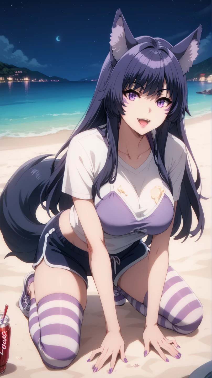 From the eminense of shadow Sexy Delta, Awesome 1girl  , Alone, dolphin shorts ,  purple loose short t-shirt, cola,facial brand, purple eyes . awarded,  professional, highly decolaed,  wolf ears,  on a beach at night,  kneeling fashion,  foot cream,  big breasts, thigh-high striped tights,  