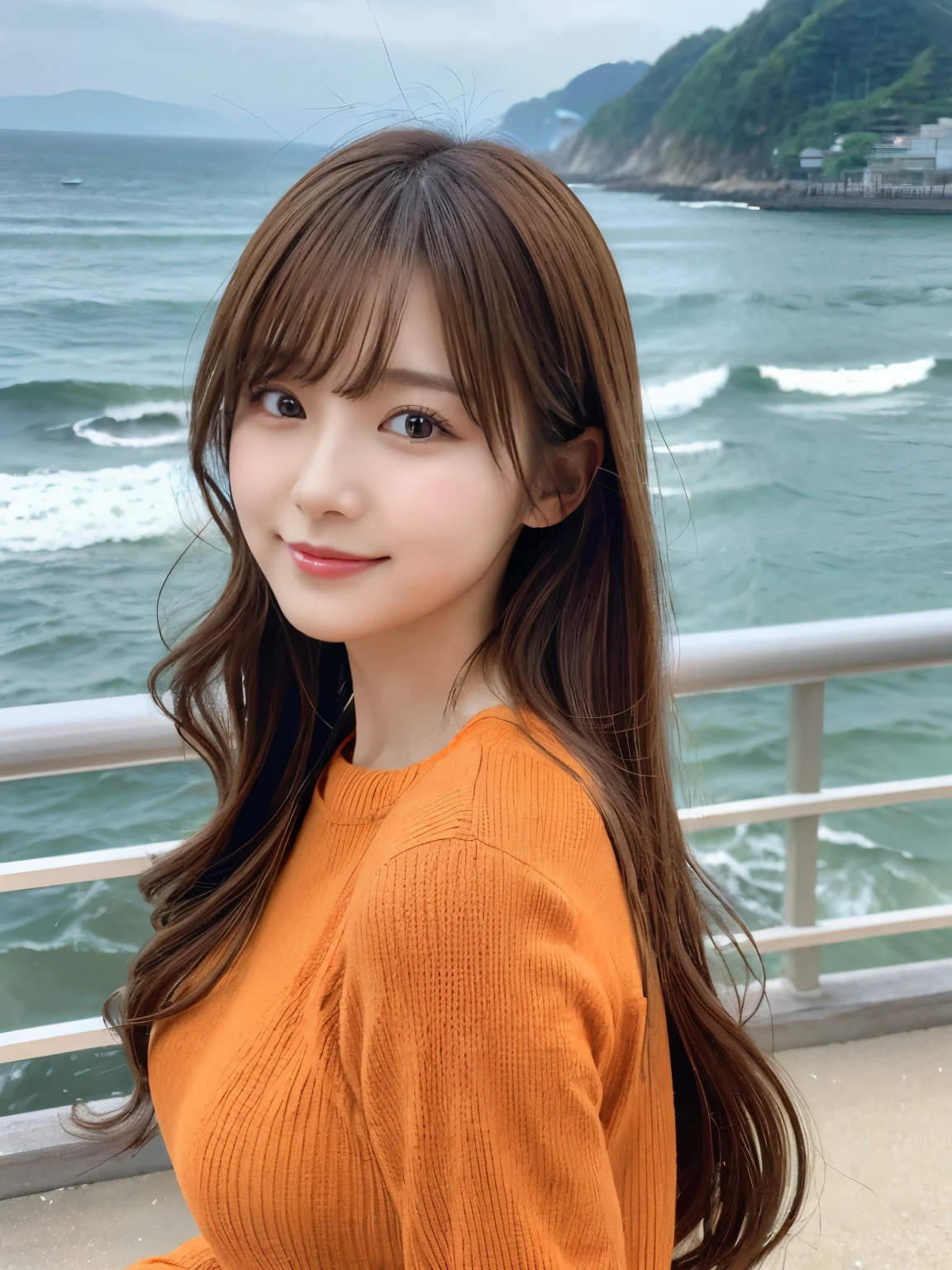 Masterpiece, 1 girl, A detailed eye, Puffy eyes, top-quality, high resolution, (Realistic: 1.4), cinematlic lighting, japanese, Asian Beauty, Super beauty, Beautiful skin, A slender, (A hyper-realistic), (hight resolution), (8K), (ighly detailed), (beautifully detailed eyes), (Ultra-detail), (wall-), A detailed face, Bright lighting, profetional lighting, looking at viewer, Facing straight ahead, (The costume a colorful knitted dress), Long hair, Wave hair, hair messy, asymmetrical bangs, nighttime scene, Brown hair, Japan idle, Korean Idol, hposing Gravure Idol, age28, tall, smile, Sea Park scene, ((Random body orientation)),