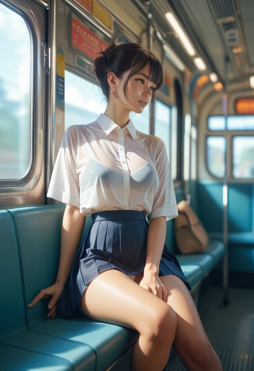 Fair skin、bob、uniform、nipples are visible、legs open、on the train、detailed eyes、detailed lips、Japan's top idols、High quality、real、smaller breasts、Breasts that are only shown to me