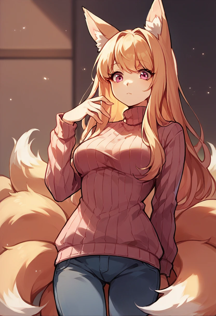 score_9, score_8_up, score_7_up, score_6_up, score_5_up, score_4_up, (source_anime), long hair, blond hair, cute, 1girl, solo, fox ears, kitsune, 9 tails, pink eyes, sweater, pants, thicc, giantess