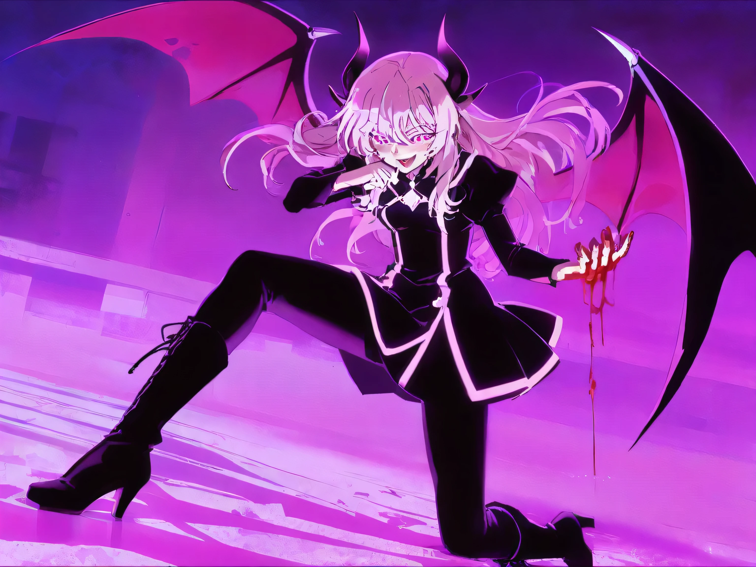 mature adult anime dragon girl covered in blood with glowing pink eyes, dragon bat wings, dragon horns, pink hair, and a black elastic dress with white bat designs, and long black knee-high heel boots holding a skull in her hand laughing maniacally at a low perspective angle looking down at the camera.