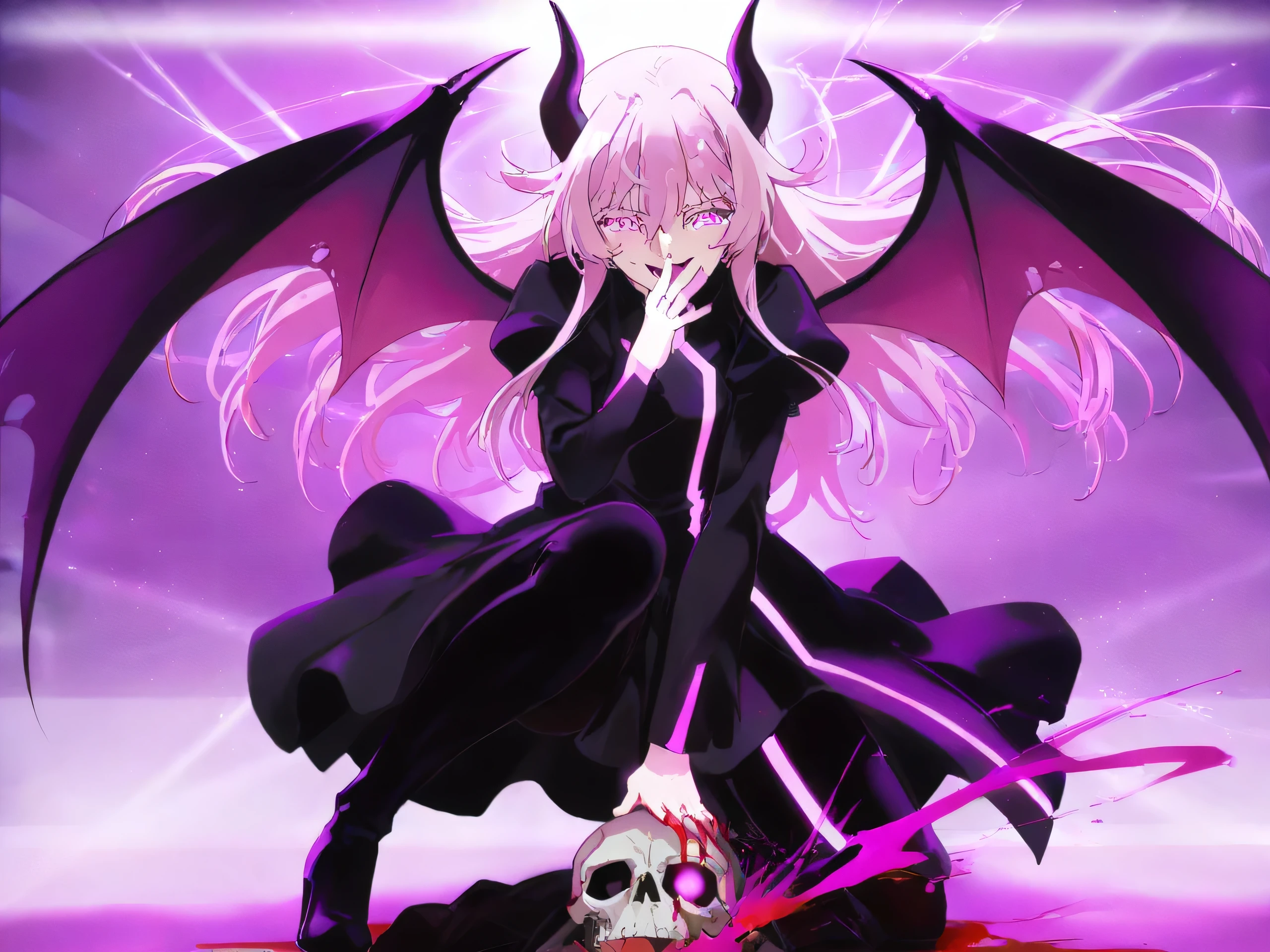 mature adult anime dragon girl covered in blood with glowing pink eyes, dragon bat wings, dragon horns, pink hair, and a black elastic dress with white bat designs, and long black knee-high heel boots holding a skull in her hand laughing maniacally at a low perspective angle looking down at the camera.