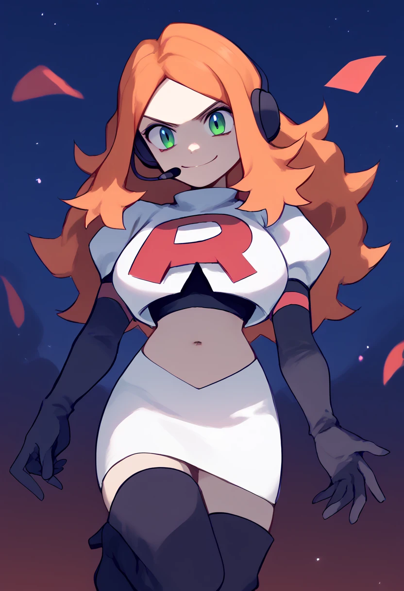 Team rocket, team rocket uniform, red letter R, white skirt,white crop top,black thigh-high boots, black elbow gloves, evil smile, night sky background, headset, large breasts, high-heeled boots, Vivian James, orange hair, green eyes,