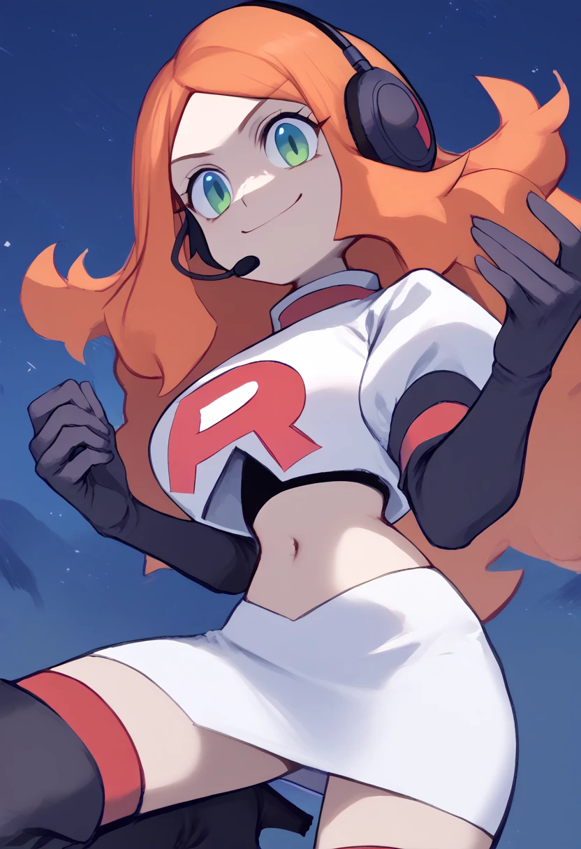 Team rocket, team rocket uniform, red letter R, white skirt,white crop top,black thigh-high boots, black elbow gloves, evil smile, night sky background, headset, large breasts, high-heeled boots, Vivian James, orange hair, green eyes,