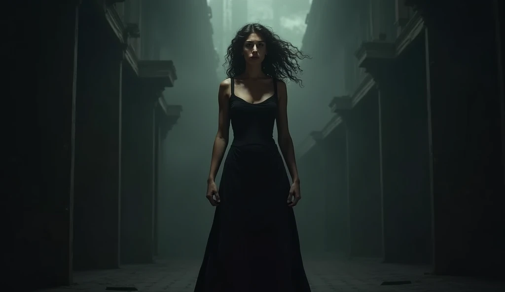 A beautiful arrogant women standing in dark and seems tense