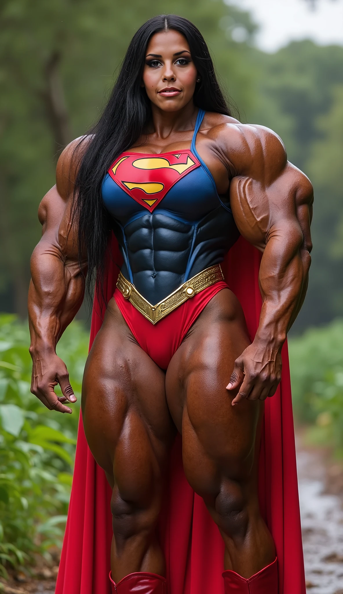 (Muscular:2.4), (thick thighs:2.3),
(female, green eyes, pale skin, jet black hair:1.4), adult, (bob cut:1.4),
(big smile:1.7), detailed eyes,
small breasts,
(earrings, eyeshadow, lipstick),
(leotard, small cape, gloves, skirt, abs window, bare legs, choker:1.7),
(upper body view:2), (three quarter view:1.4), looking at viewer,
rim lighting, two tone lighting, dimly lit