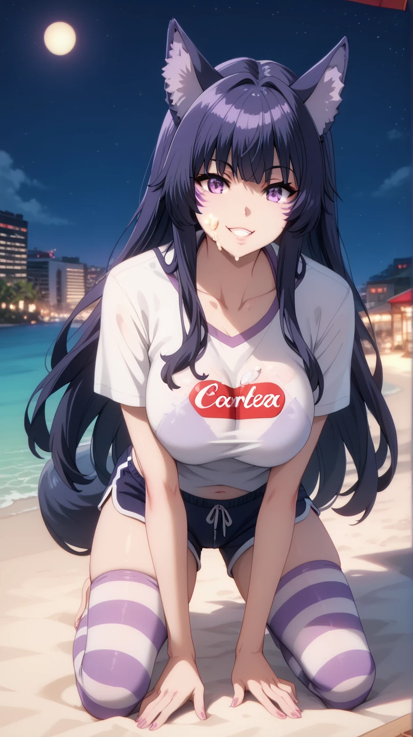 From the eminense of shadow Sexy Delta, Awesome 1girl  , Alone, dolphin shorts ,  purple loose short t-shirt, cola,facial brand, purple eyes . awarded,  professional, highly decolaed,  wolf ears,  on a beach at night,  kneeling fashion,  foot cream,  big breasts, thigh-high striped tights,   totally wet ,