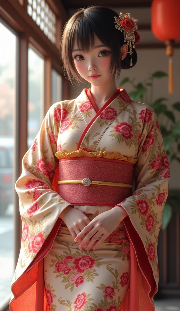 Ultra-realistic, 8k, Very detailed 、 plump 、A picture of the whole body、Shiraishi Aso そっくり、 her height is 170 cm、 big eyes、 Please clearly reproduce eyebrows and eyelashes 、 rounded waist 、It's a thin ankle、 thighs 、Realistic、 Gold powder flutters in a diamond dust state 、Omotesando 20:00 、This is a floral kimono and the color is randomly generated、Eros、 hairpin with a diamond、 A diligent smile、 beautiful smile、 The size for plump, soft is K cup、She has 、Realistic、Shiraishi Aso 、Generated with a height of 170 cm、It's a thin ankle、She is standing with a smile、 smile, in other words, laughing 、 、Generated with a correct exponent !No anime required ! No illustration required