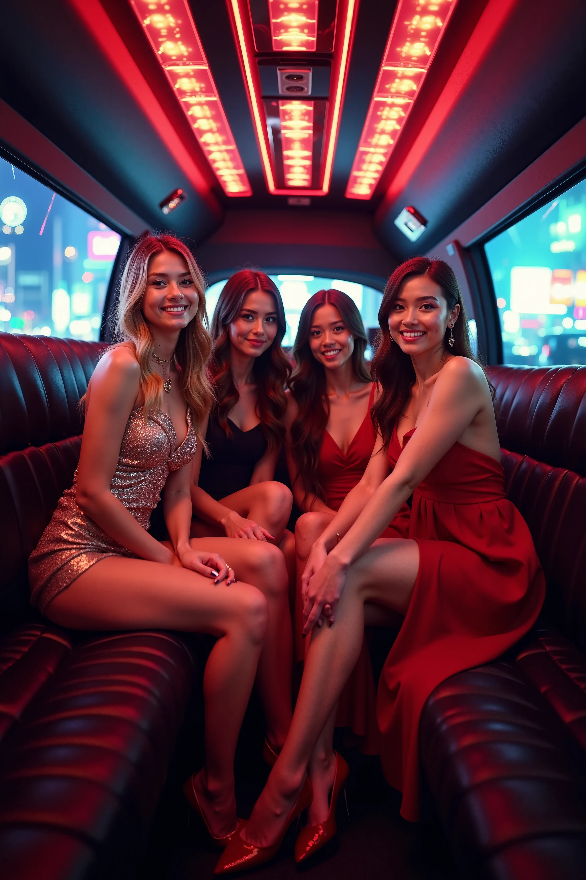 (Masterpiece, Professional lighting, 16k, 8k wallpaper, raw photo, photorealistic:1.8, ultra detailed, natural gentle lighting, detailed skin, detailed face, detailed eyes, textured skins, cinematic composition, detailed background:1.2, midnight at background:1.5, night time in city:1.3, evening:1.1), BIBC, (Girls at back seat of limousine, on fur seat, group shot:1.2, coat on naked, see-through0.68, laced panty, full body, jewelry, earrings, necklace, party girls, party night, mirror ball, drinking, cocaine), (young girls, 4girls, extremely beautiful face, beautiful eyes, seductive posing, sexual suggestive, embarrassed:1.1, upturned eyes:1.2, drunken, grin:0.95, flustered, cute face, happy face, playmates, supermodel), ((glass of champagne, sparkling wines, light up, dinner, inside limo:1.4, limousine, car seat, luxury furniture, luxury car, carpet, party night, enjoying party)), Nanako Matsushima