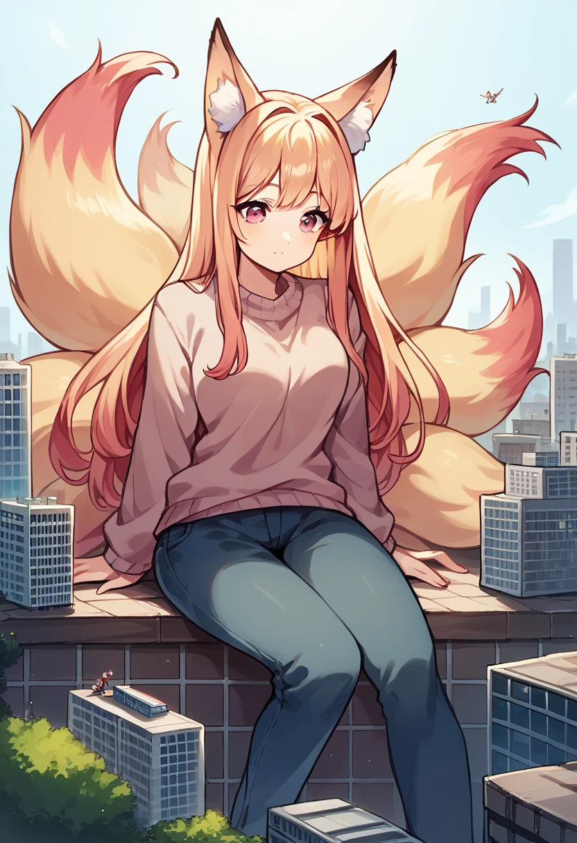 score_9, score_8_up, score_7_up, score_6_up, score_5_up, score_4_up, (source_anime), long hair, blond hair, cute, 1girl, solo, fox ears, kitsune, 9 tails, pink eyes, sweater, pants, thicc, giantess, city, sitting