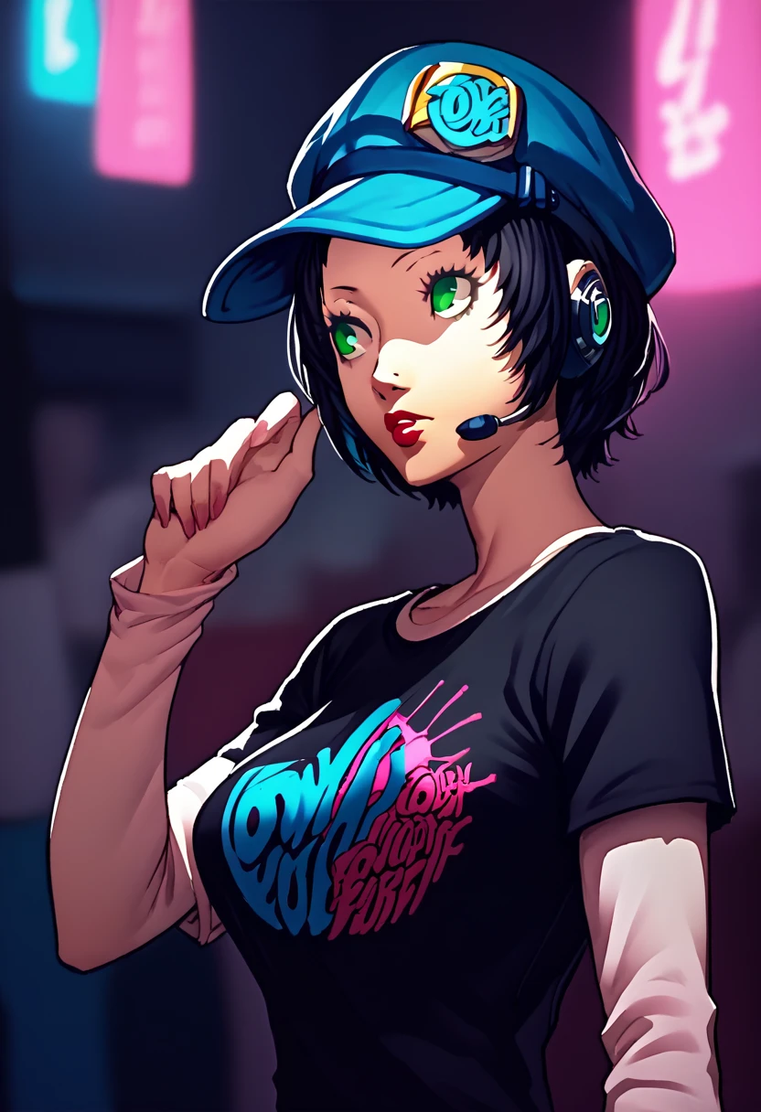 1 girl, headset, blue hat, lipstick, black t-shirt, clothes writing, layered sleeves, large breasts, jeans, Marie, black hair, green eyes,