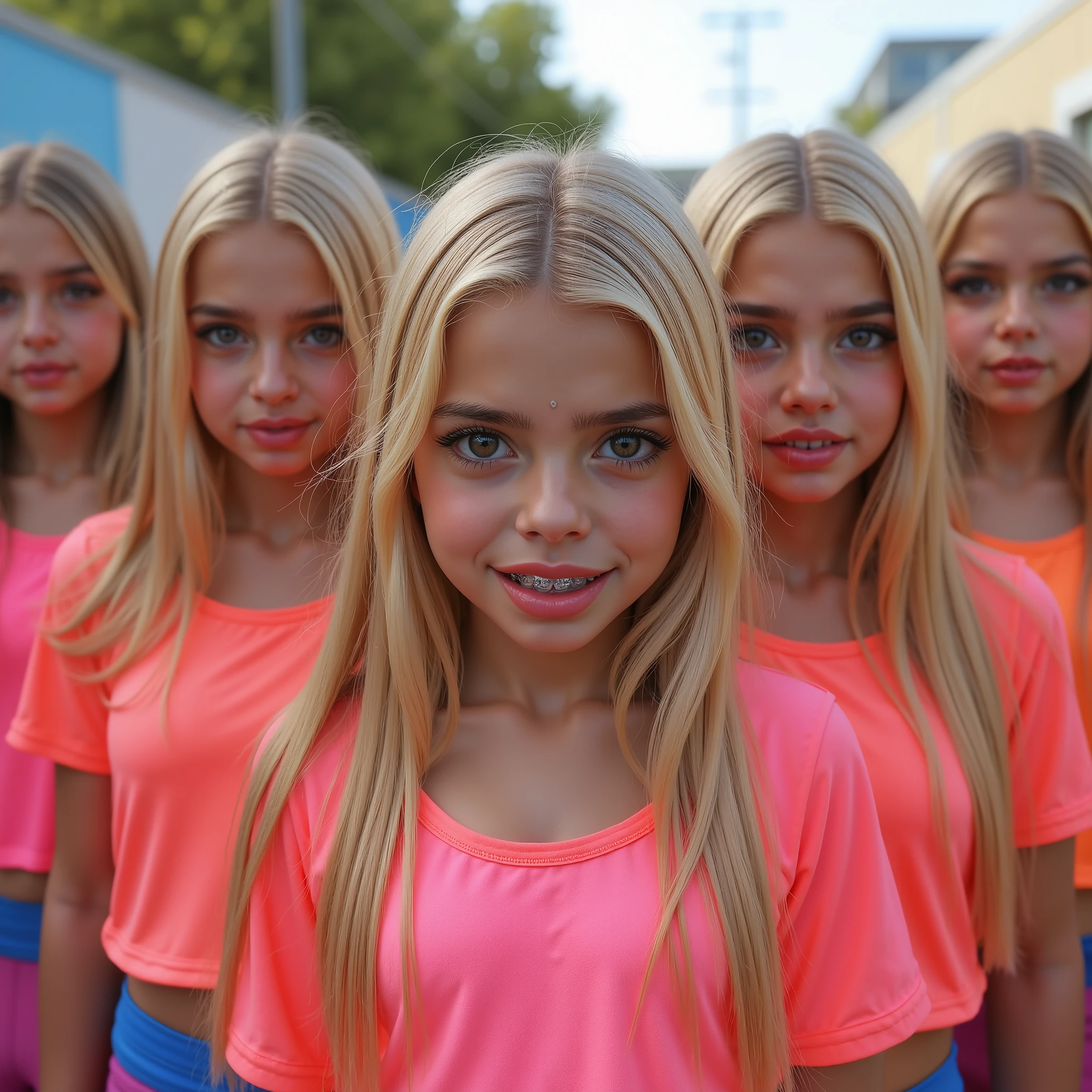  16k Very realistic photo best quality of 6 very very small beautiful Iraqi young girls , , ren, Very young face. In various neon shiny latex t-shirts , Latex Leggins.  long blonde hair ,  big lips ,  full lips,  open lips ,  light pink sheen , braces, look at the viewer,  top view . in the schoolyard.