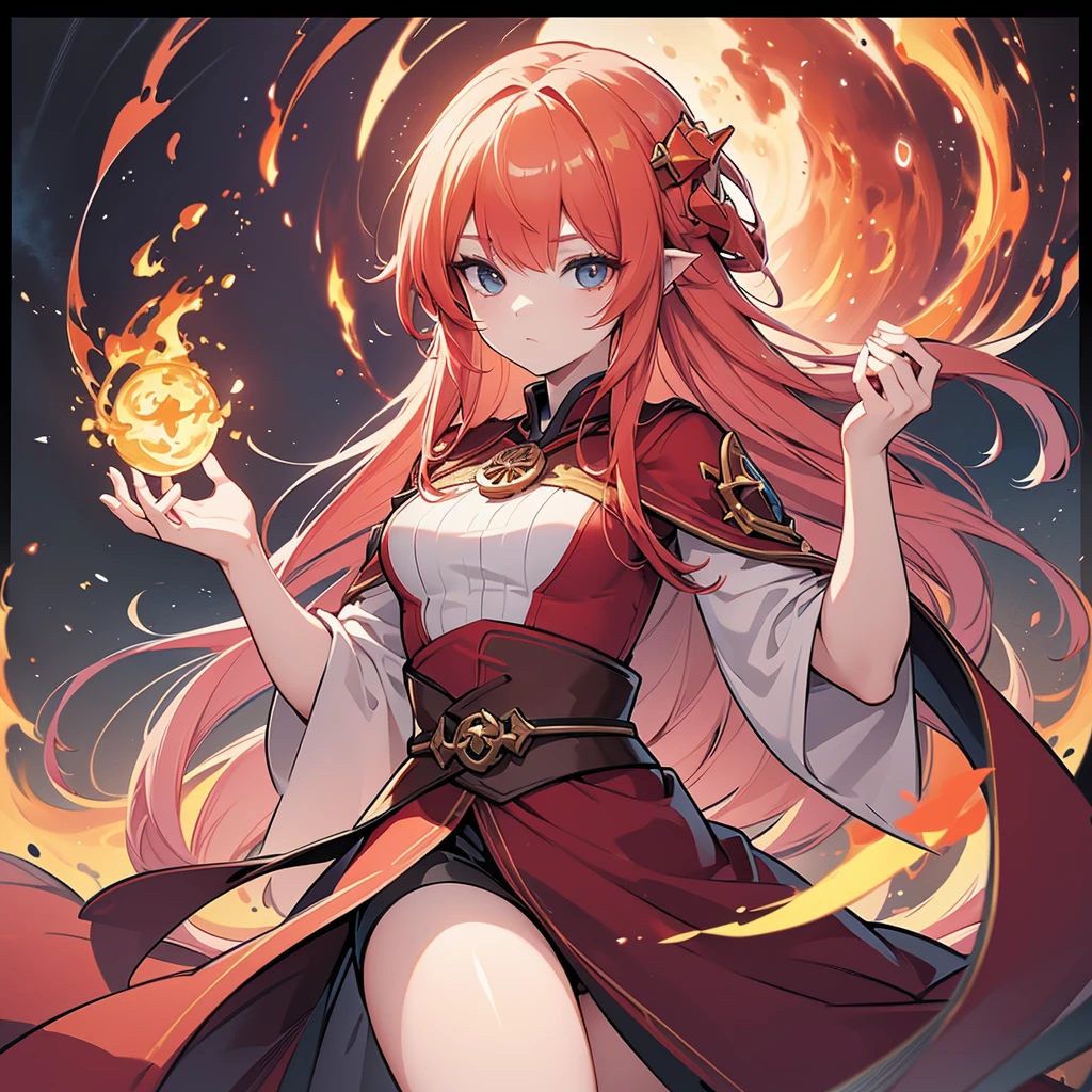 1 girl, wearing a fairy red flowy gown, smiling, long light pint hair, pale dark eyes, holding an enchanted talisman, looking at you, high-resolution, 8k masterpiece