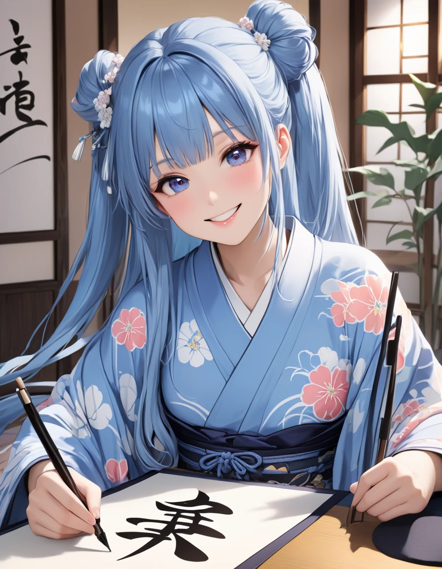  Light Blue Long Hair、 beautiful twin-tailed girl doing calligraphy in Japanese clothes 、smile、 I'm starting calligraphy in a kimono with a floral pattern