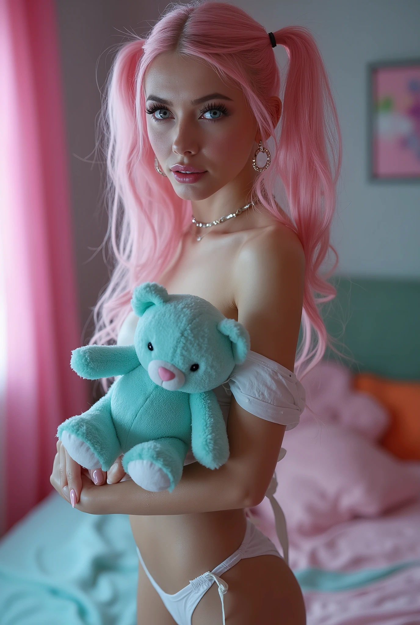 i CINEMTIC FULL BODY PICTURE OF 1girl, sexy CUTE Cumface girl, pigtails, cute face, gorgeous, ((skinny anorexic body)), (body heigth:177cm), cute, pretty face, pale skin, pink hair, blue eyes, full shiny lips, big lips, thick lips, parted lips, light pink lipgloss, mascara, skinny thighs , skinny, busty, big head, innocent look, young face, pink long nails, choker, hd feet and 25 INCH PLATFORM HIGH HEELS heels, large hoop earrings, (pink tiny micro thong panties), off shoulders white cropped tank top, white frilly tight high stockings, black patent high heels, sweaty, cumface girl with lots of white sticky wet translucent cum all over here face), white translucent cum is dripping here face, (Cum on face:1.9), (Cum in mouth:1,6), She is standing in here Pink, turqouse and mint green girl bedroom ((holding a small tuqouse teddy bear)), standing in here room, perfect eyes, highly detailed beautiful expressive eyes, detailed eyes, 35mm photograph, film, bokeh, professional, 4k, highly detailed dynamic lighting, photorealistic, 8k, raw, rich, intricate details, pigtails