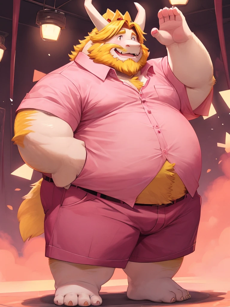 Standing pose,solo，male people，chubbiness，small fat，Bare-chested， solo， Detailed pubic hair， A high resolution，， tmasterpiece，Excessive obesity，Obesity in the extremities，foot in the air，Correct body proportions，overweight，roadhog，proportions，overweight,asgore, collared pink shirt, collared pink shirt, collared pink shirt, collared pink shirt, collared pink shirt, collared pink shirt, collared pink shirt, collared pink shirt, collared pink shirt, collared pink shirt,asgore