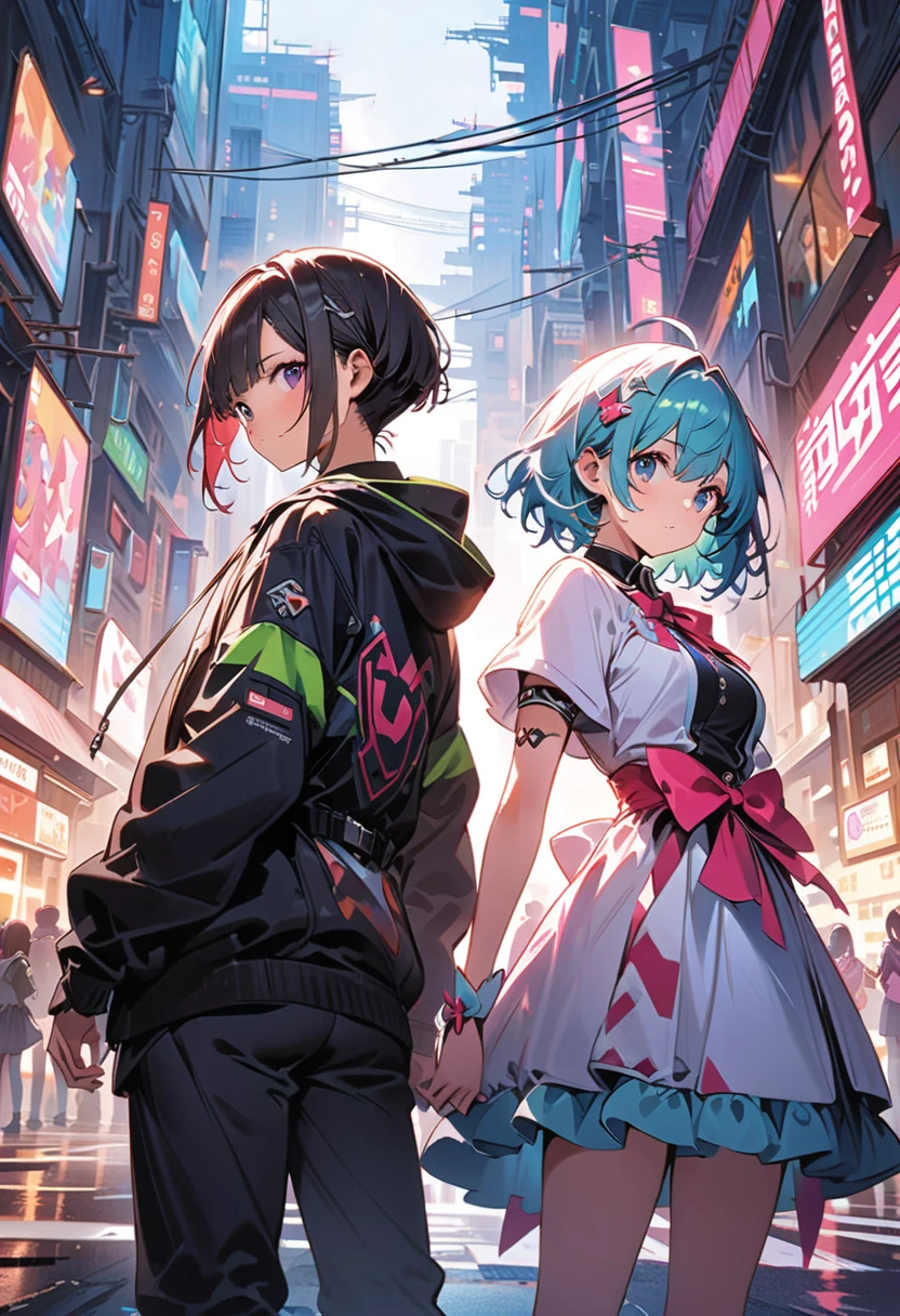  2 girls outside,((( top quality、masterpiece、 Official Art、 best dynamic composition standing back to back、 more details)))、The best dynamic composition of the anime Puella Magical Girl 、 cyberpunk、hooded cloak 、 idol clothes、 cyberpunk、 Long Boots 、 near future city、Stand back to back