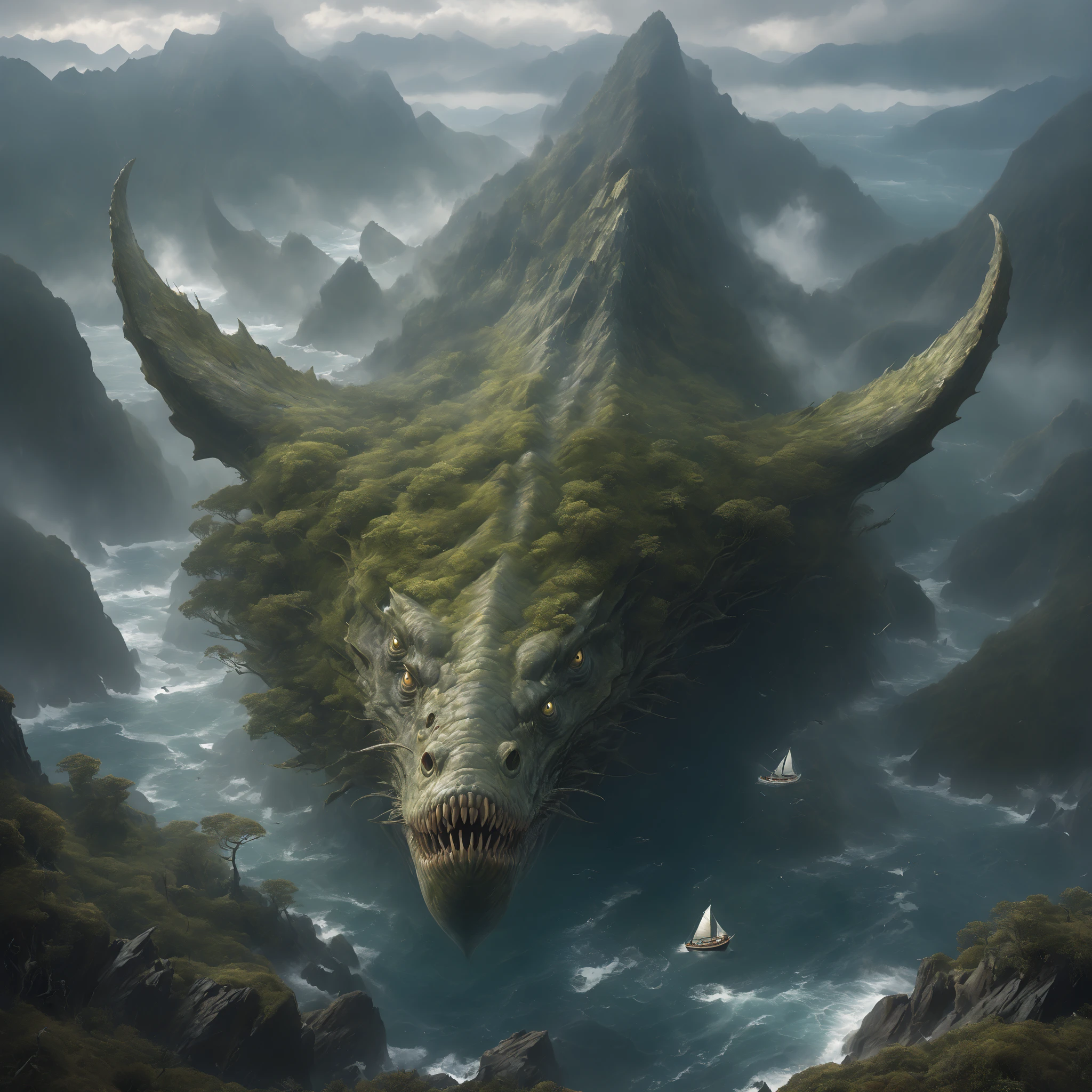  ( A huge cedar on a green mountain top  ), (( aerial view of a whirlpool in the water  )),  (right behind the mountains ,  a huge creature with an elongated snout with 4 fins on its head and body rises above the mountains huge leviathan sea serpent in the background:1.5) ,  ( Leviathan is a sea serpent with fins on its head in the water :1.3), ( in the center high ledges on both sides of the sea  ,  mountain rift from below which you can see a huge toothy mouth covered with moss and trees :1.6) ,   view from above and from afar  , ( on the left, a sailboat or a beautiful galleon swims through the crevice between the black rocks :1.4),   in the distance high black mountains with snowy peaks   ,  goes into the clouds    ,   scaly moss grows on top    , lots of air      , cliff, the waves of the sea are raging    , Night, storm,   the wind tears the sails ,        the sky before the thunderstorm      ,       light through the clouds       .       reflections in water      .       The Abyss of the Dark Sea     , (  of the highest quality  ,   masterpiece fails ), , 4K, concept art, fantasy, blue tones,      very detailed oil painting     .      aerial view from afar    , cool blue tones .

