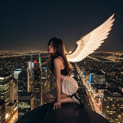 Beautiful girl flying in the night downtown