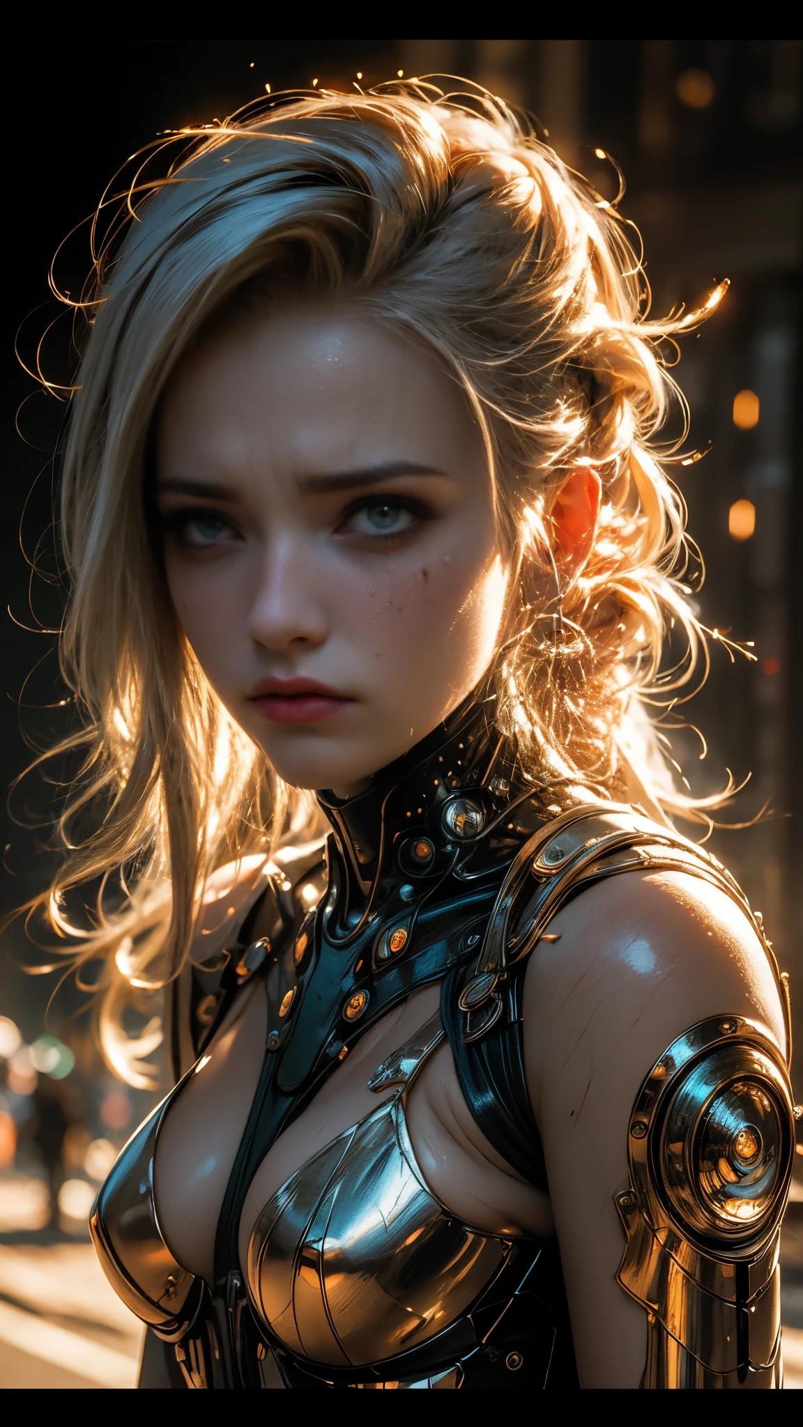 ((Best quality)), ((masterpiece photograph)), (insanely detailed: 1.4), a beautiful Cyberpunk girl with long white hair, (mascara streaked cheeks), (glowing LED lights), ((cinematic lighting)), (chiaroscuro effect), ((out of focus background)), cowboy shot
