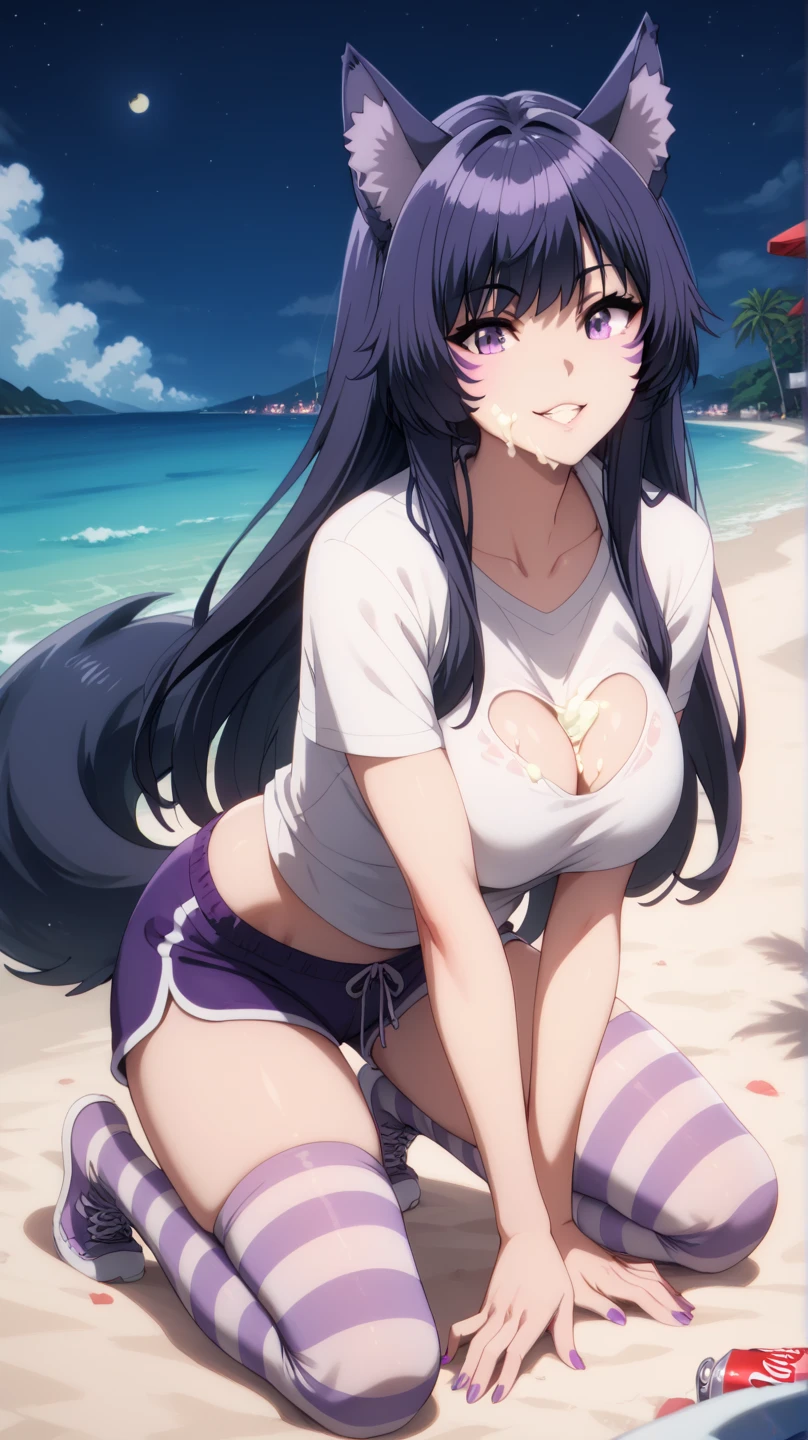 From the eminense of shadow Sexy Delta, Awesome 1girl  , Alone, dolphin shorts ,  purple loose short t-shirt, cola,facial brand, purple eyes . awarded,  professional, highly,  wolf ears,  on a beach at night,  kneeling fashion,  foot cream,  big breasts, thigh-high striped tights,   totally wet ,