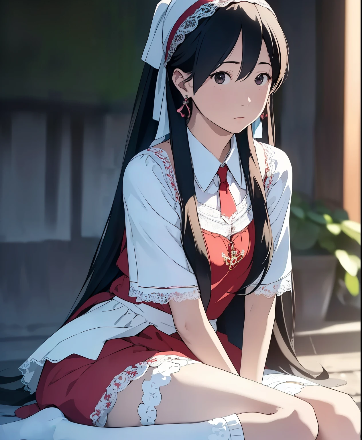 (masterpiece、 top quality、 top quality、 Official Art、 beautiful beautiful:1.2)、(1 person:1.3) Hatsune Miku 、 twin tails, Beautiful breasts, ((sfw: 1.4)), (sfw,She is wearing a long white embroidered skirt, a red blouse with lace, a white apron tied around her waist, blue socks, and brown leather shoes.A blue scarf is on her head. Yes, her accessories include necklaces, earrings, and bracelets. 1 Girl)), Ultra High Resolution, (Realistic: 1.4), RAW Photo, Best Quality, (Photorealistic Stick), Focus, Soft Light, ((************)), (( (young face))), (surface), (depth of field), masterpiece, (realistic), woman, bangs, ((1 girl))