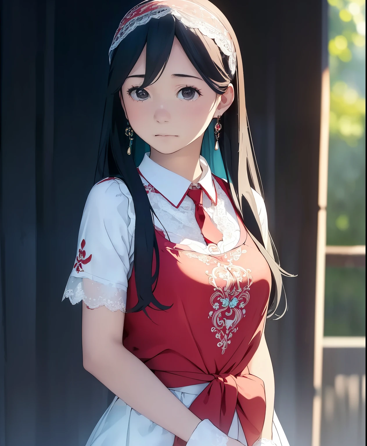 (masterpiece、 top quality、 top quality、 Official Art、 beautiful beautiful:1.2)、(1 person:1.3) Hatsune Miku 、 twin tails, Beautiful breasts, ((sfw: 1.4)), (sfw,She is wearing a long white embroidered skirt, a red blouse with lace, a white apron tied around her waist, blue socks, and brown leather shoes.A blue scarf is on her head. Yes, her accessories include necklaces, earrings, and bracelets. 1 Girl)), Ultra High Resolution, (Realistic: 1.4), RAW Photo, Best Quality, (Photorealistic Stick), Focus, Soft Light, ((************)), (( (young face))), (surface), (depth of field), masterpiece, (realistic), woman, bangs, ((1 girl))