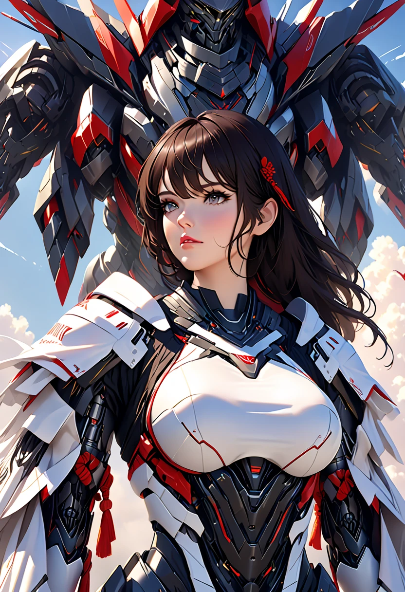 Tall beautiful woman with dark hair wearing highly realistic and detailed robotic armor