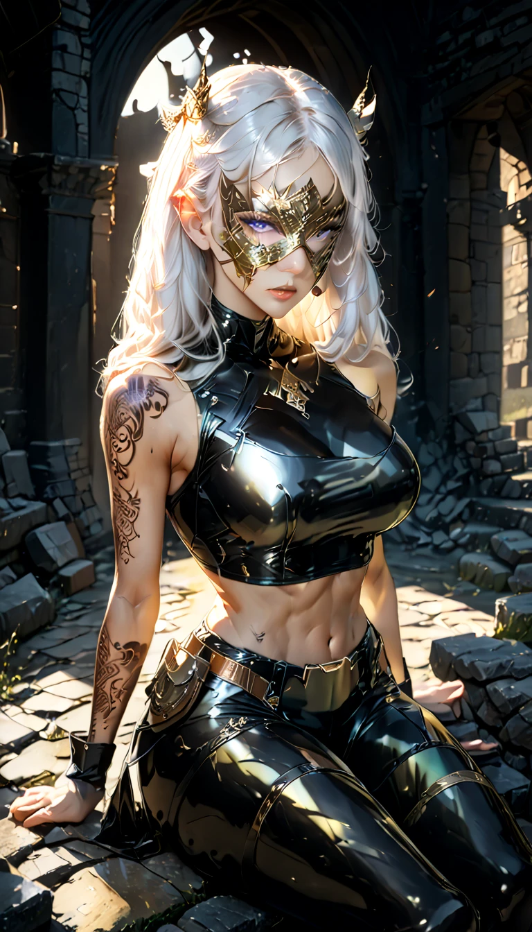 cool beauty, iridescent white long thick eyelashes, iridescent white twintails with bare forehead, sexy beauty expression, lewd great body proportion, huge breasts, abs, wearing (shiny copper plated) smooth crop and tight fit combat uniform, covered in tattoos, mask, sitting on the ruined rocks of a ruined castle, professional and perfect composition, extremely delicate depiction, extremely clear image, various effects, bold and dynamic, contrasts of light and shadow, 2.5D, artistic photography, hyper realistic, ultra detailed, absolutely resolution, masterpiece