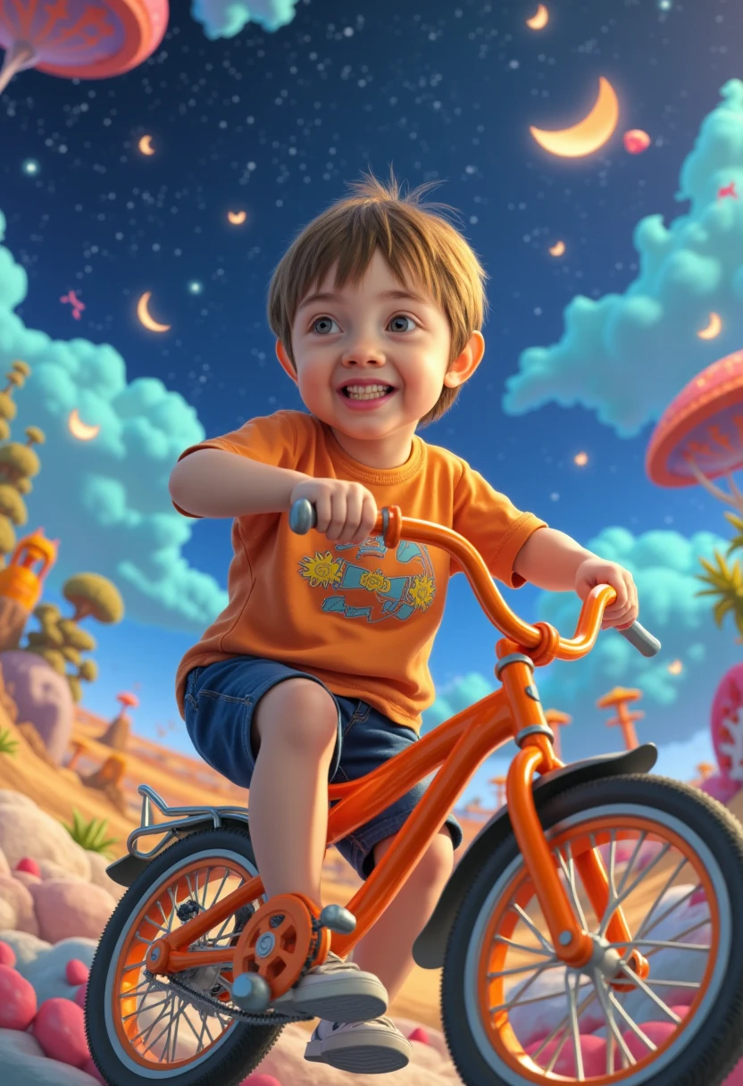 A funny illustration of a boy playing with a orange bike. Dream filter, vivid color.