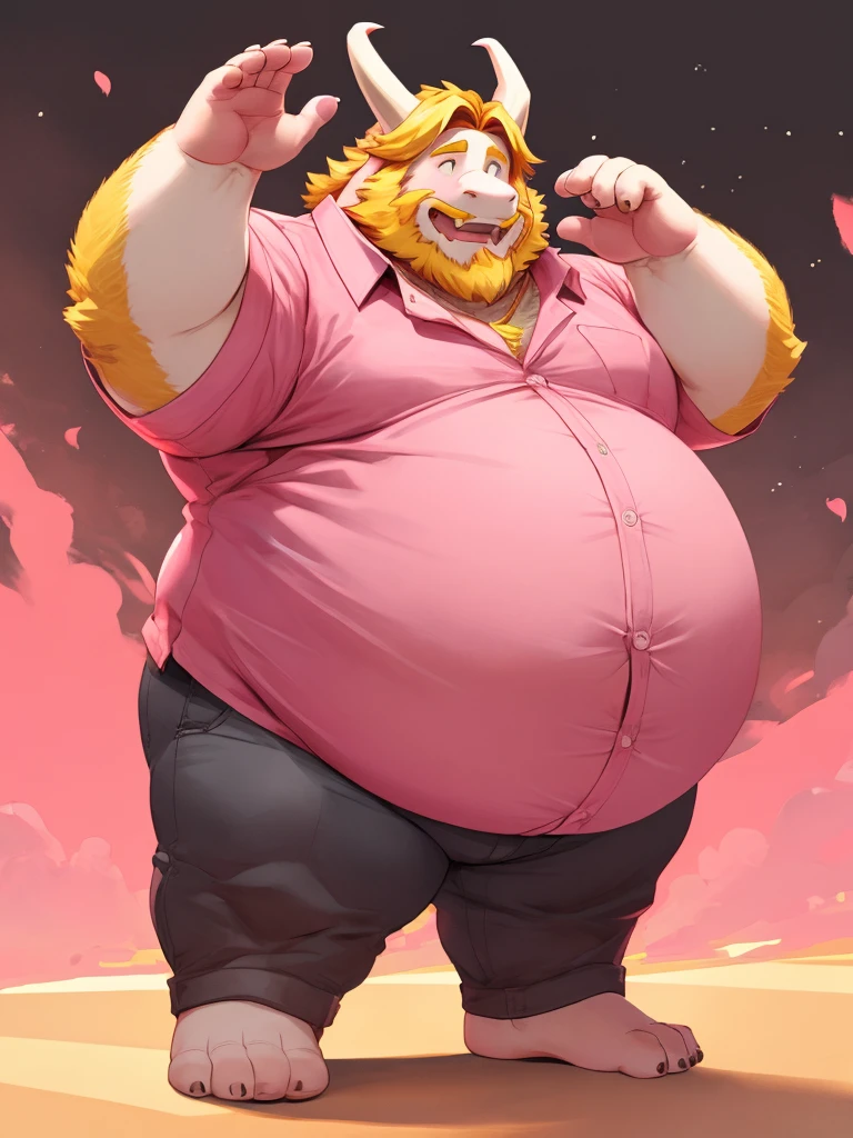 Standing pose,solo，male people，chubbiness，small fat，Bare-chested， solo， Detailed pubic hair， A high resolution，， tmasterpiece，Excessive obesity，Obesity in the extremities，foot in the air，Correct body proportions，overweight，roadhog，proportions，bloated belly, huge belly, overweight,asgore, collared pink shirt, collared pink shirt, collared pink shirt, collared pink shirt, collared pink shirt, collared pink shirt, collared pink shirt, collared pink shirt, collared pink shirt, collared pink shirt,asgore