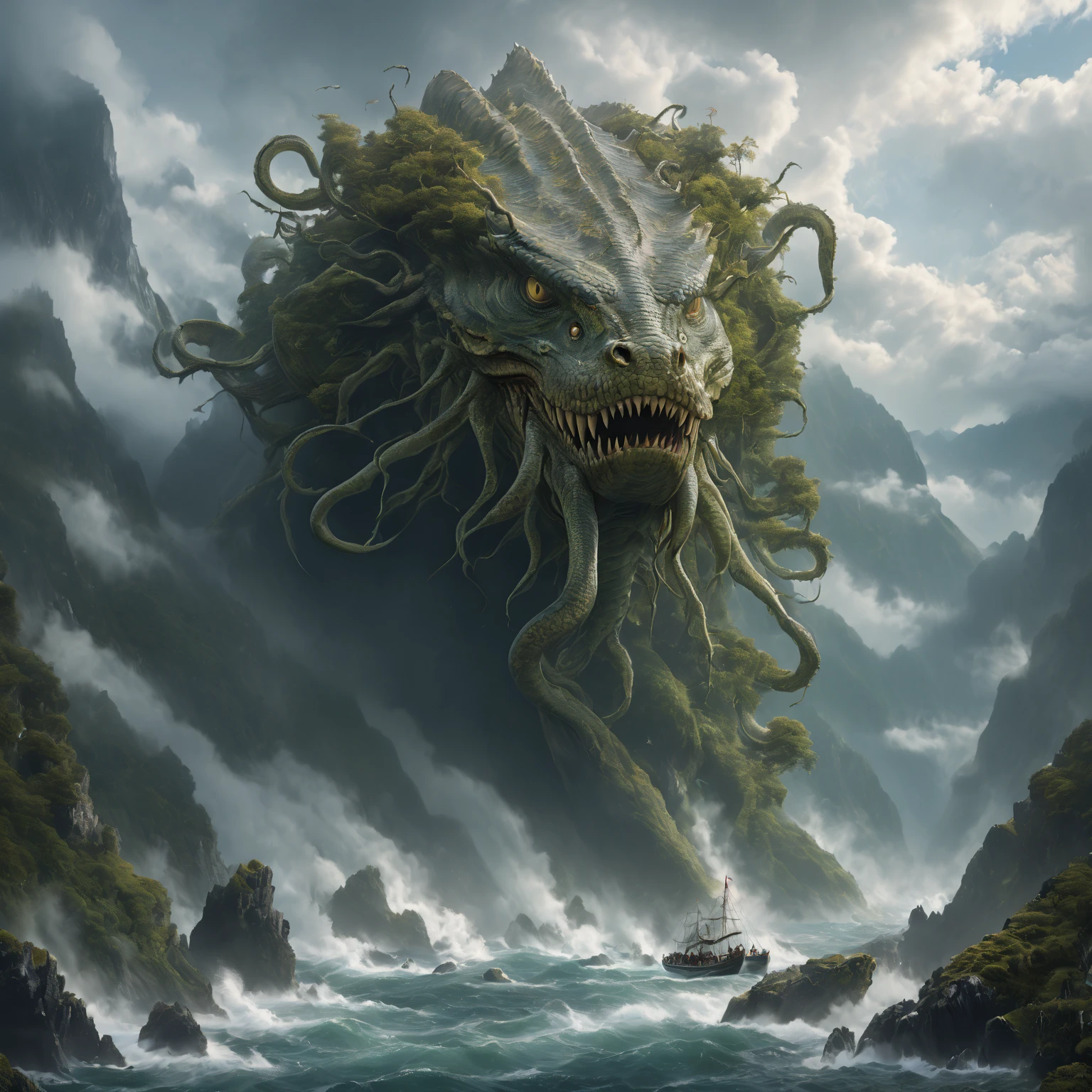  ( A huge cedar on a green mountain top  ), (( aerial view of a whirlpool in the water  )),  (right behind the mountains , a huge creature with an elongated snout with 4 fins on its head and the body of a huge leviathan sea serpent rises above the mountains in the background:1.5) ,  ( Leviathan is a sea serpent with fins on its head in the water :1.3), ( in the center high ledges on both sides of the sea  ,  mountain rift from below which you can see a huge toothy mouth covered with moss and trees :1.6) , (behind them, in the center, is a huge snake-like creature with an elongated muzzle and many eyes covered with trees and moss, flowing into the clouds above the mountains:1.5),   view from above and from afar  , ( on the left, a sailboat or a beautiful galleon swims through the crevice between the black rocks :1.4),   in the distance high black mountains with snowy peaks   ,  goes into the clouds    ,   scaly moss grows on top    , lots of air      , cliff, the waves of the sea are raging    , Night, storm,   the wind tears the sails ,        the sky before the thunderstorm      ,       light through the clouds       .       reflections in water      .       The Abyss of the Dark Sea     , (  of the highest quality  ,   masterpiece fails ), , 4K, concept art, fantasy, blue tones,      very detailed oil painting     .      aerial view from afar    , cool blue tones .

